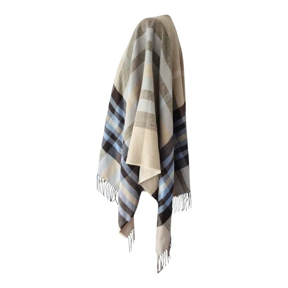 Plaid Woven Acrylic Ruana Poncho Blanket Wrap Fringe Kimono OS - Picture 5 of 7